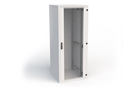 Stand Cabinet avec porte en acier perforé 48U (800x800mm)
- Porte en acier perforé verrouillable avec serrure, charnières à droite 
- Panneaux latéraux amovibles avec serrure (même clé que la porte)
- Gris clair (RAL 7035)