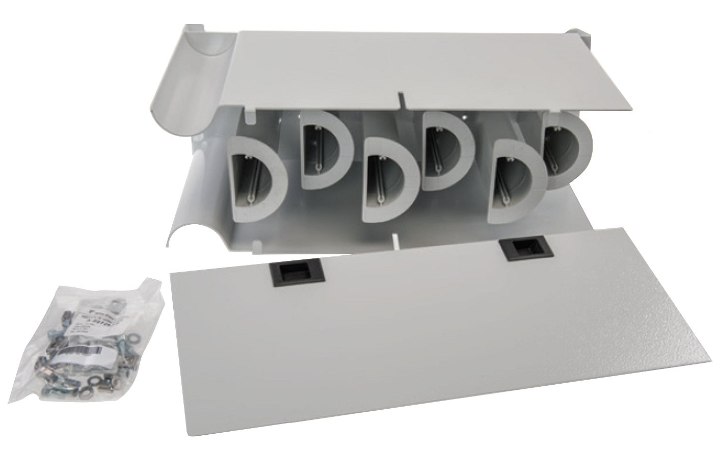 FIST-GR2-HPM-I             
19” Horizontal Pigtail        
Management with 6 drums       
and mounting bracket adapters 
for symmetrical mounting      
between ETSI profile
